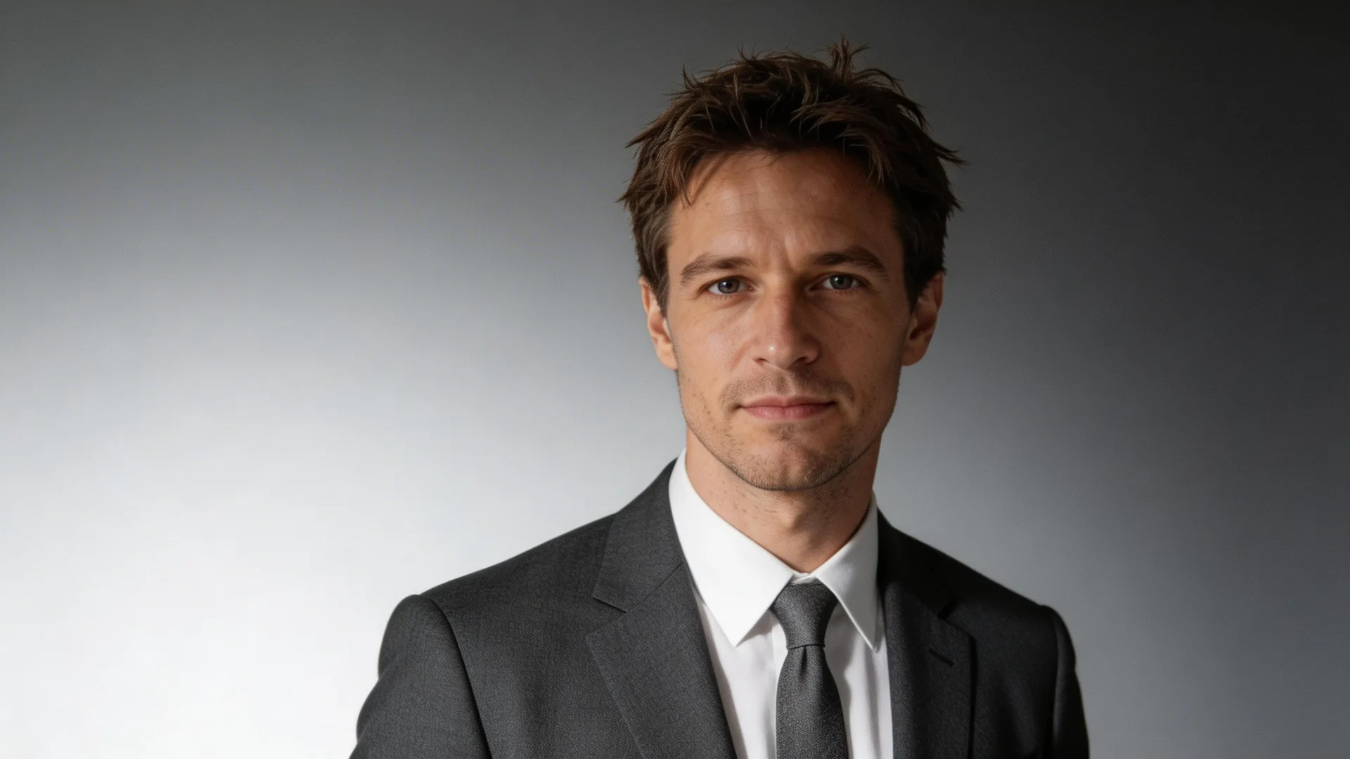 Portrait corporate professionnel transformé à partir du selfie décontracté — éclairage studio, costume, fond épuré