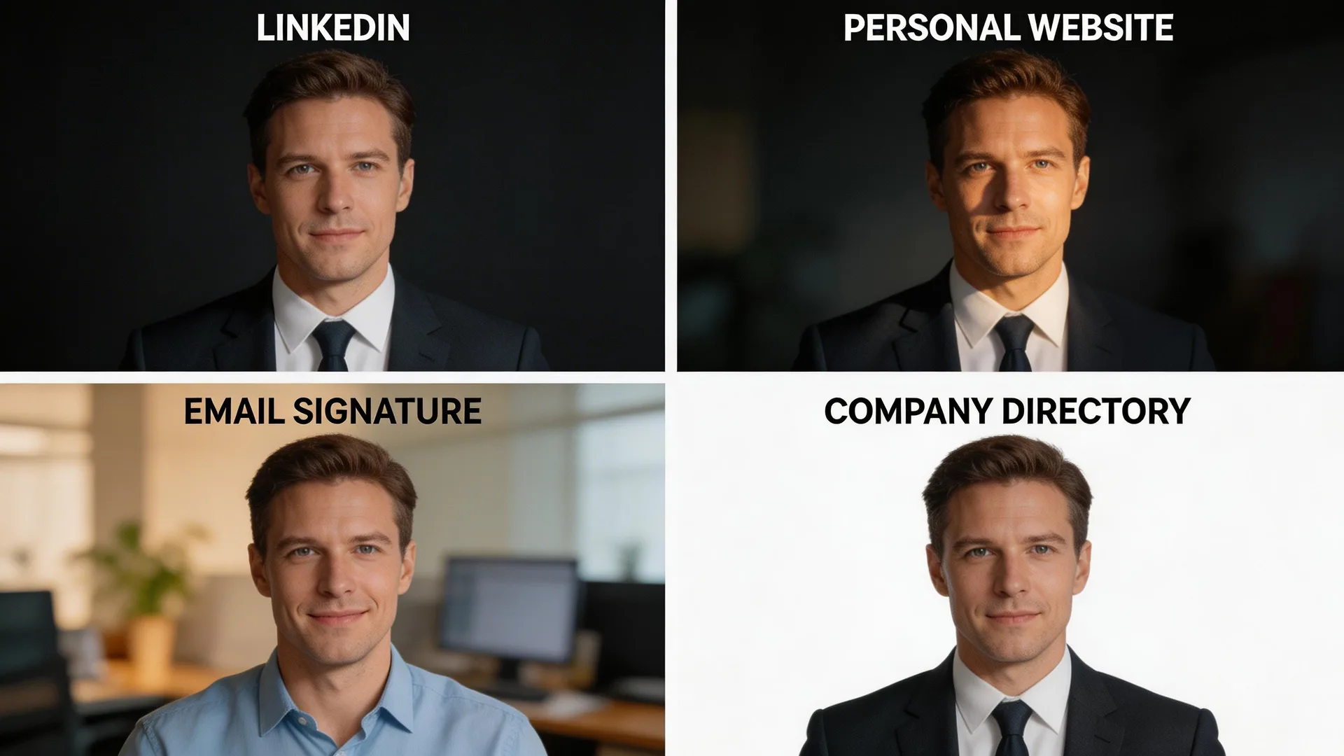 Quatre variantes de portraits professionnels de la même personne optimisées pour différentes plateformes