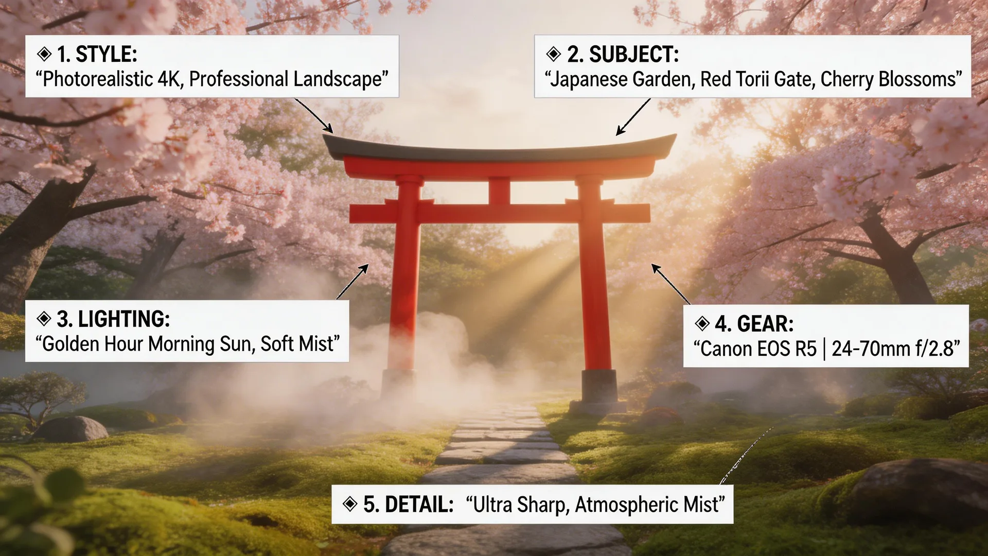 Stunning AI-generated Japanese garden demonstrating the result of a well-structured prompt with all key elements