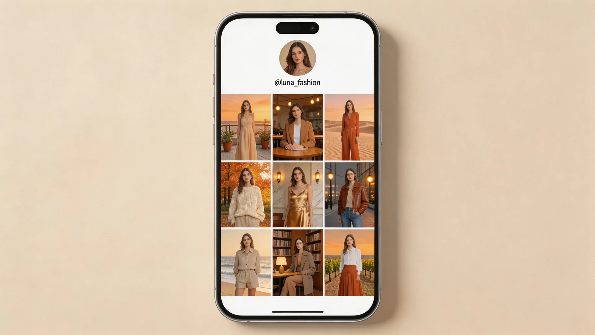 Grille de photos de mannequins AI pour Instagram montrant un style et un personnage cohérents
