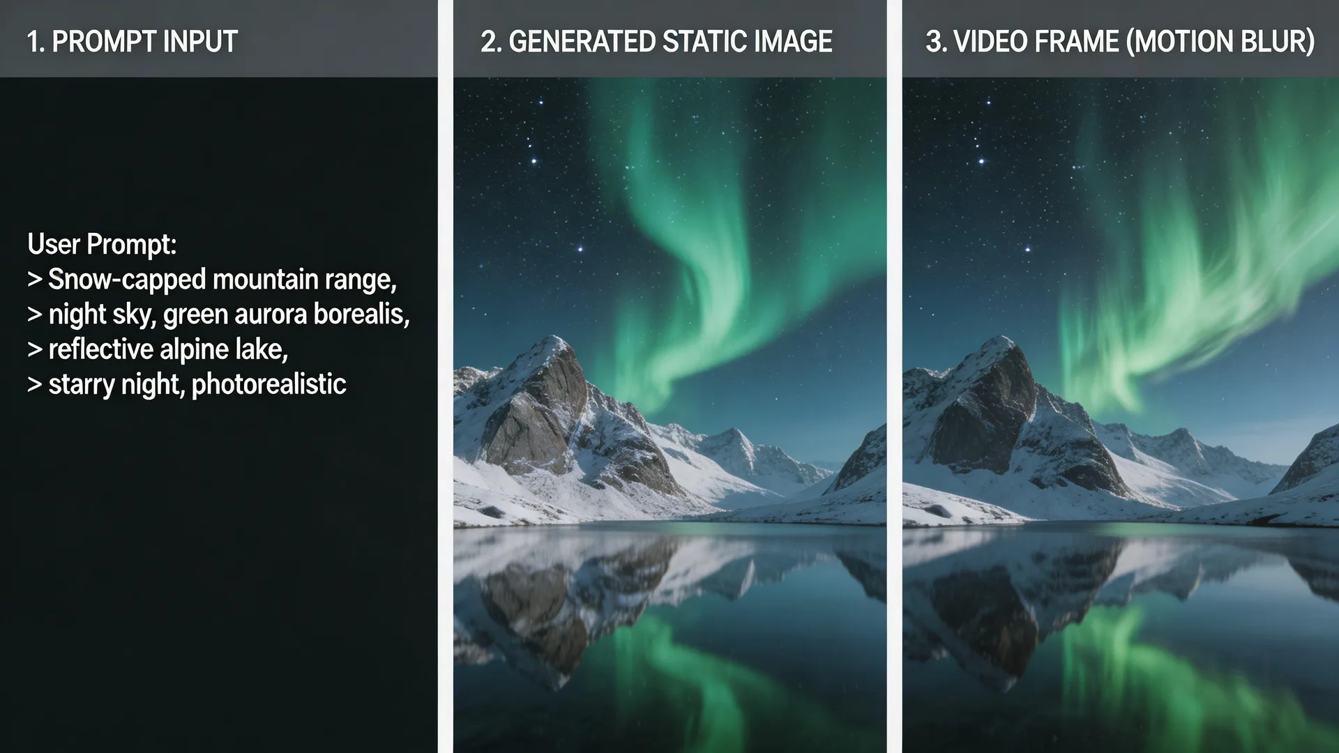 Three-panel sequence showing text prompt, Seedream image output, and Seedance video frame