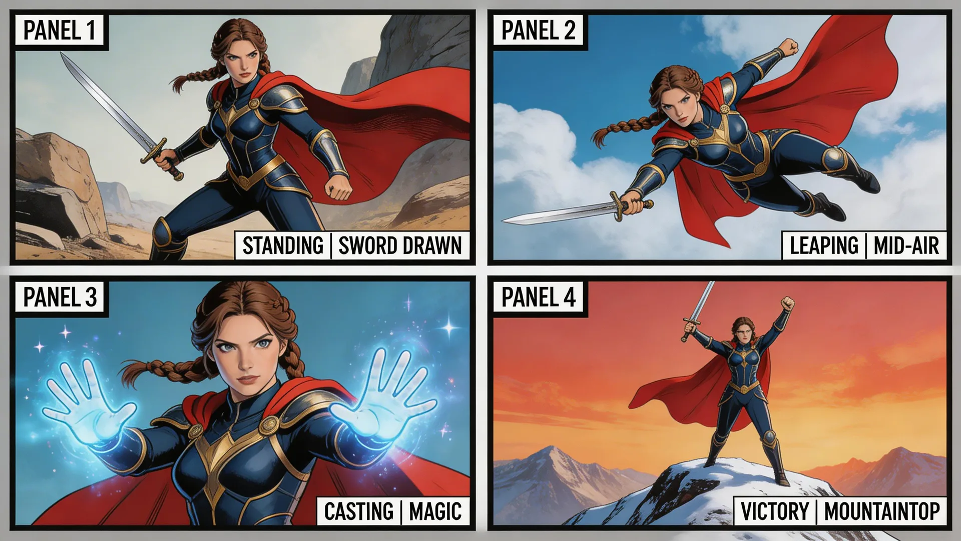 Character art showing the same character in multiple scenes
